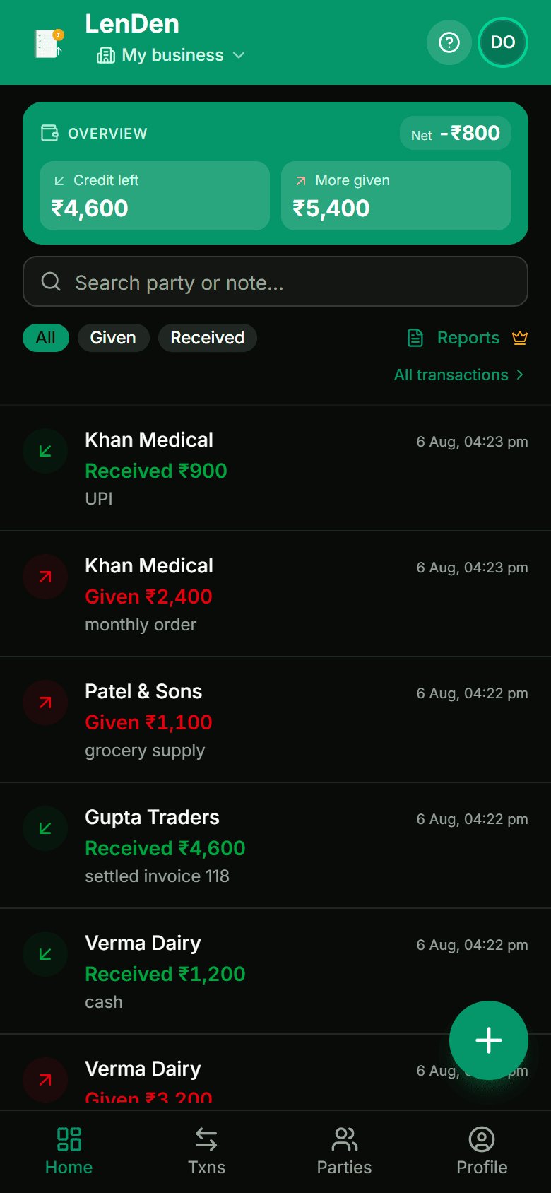 Dashboard showing credit left, more given, a net figure, and the day's transaction list