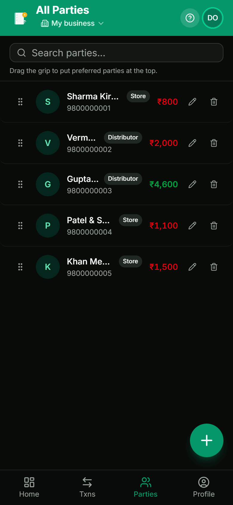Party list after migration, showing each party with a type tag, phone number, and opening balance